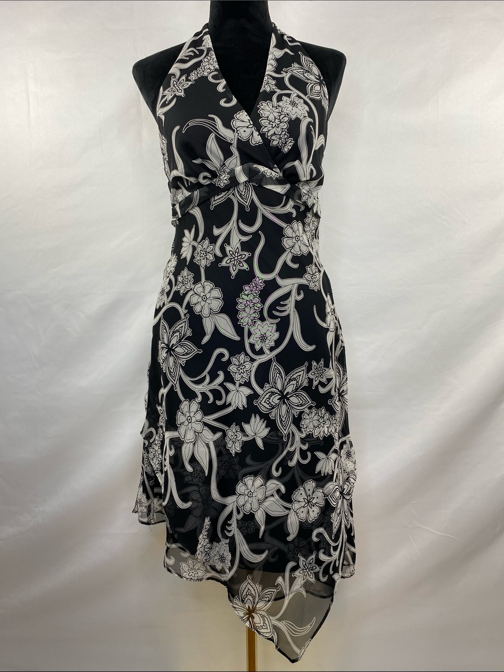 Y2K Blu Sage Black White Floral Halter Handkerchief Hem Dress Size 8